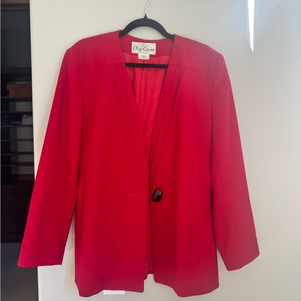 Vintage Oleg Cassini Red Wool Blazer Bold Button Power Holiday Jacket Sz 14